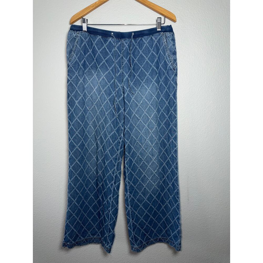 Kensie Jeans Quilted Diamond Wash Wide Leg Lounge Pants Blue Drawstring L